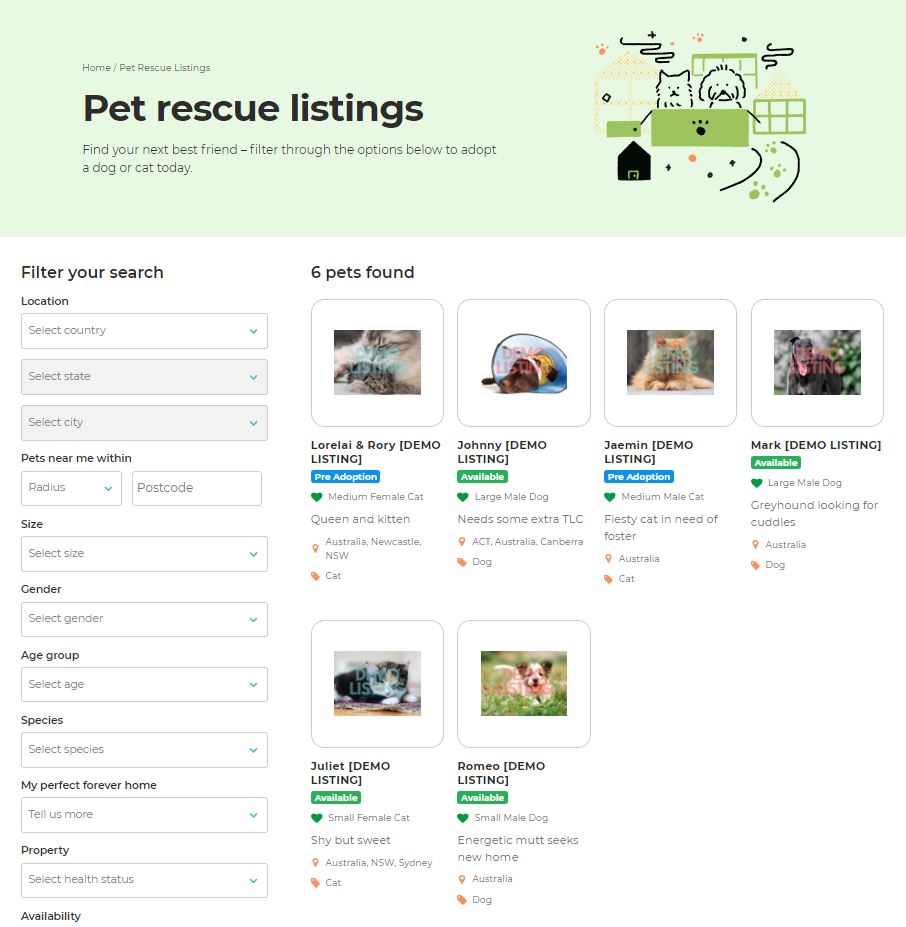 pet rescue listings