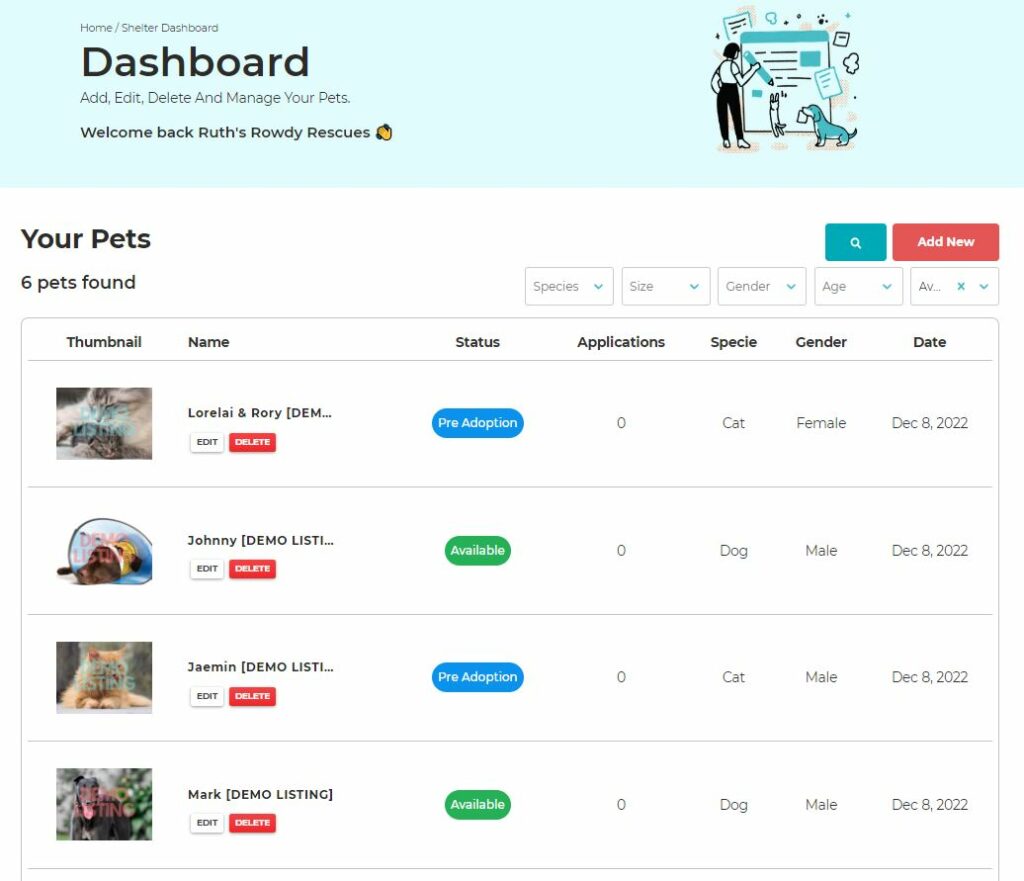 shelter dashboard