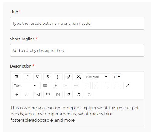 animal listing fields